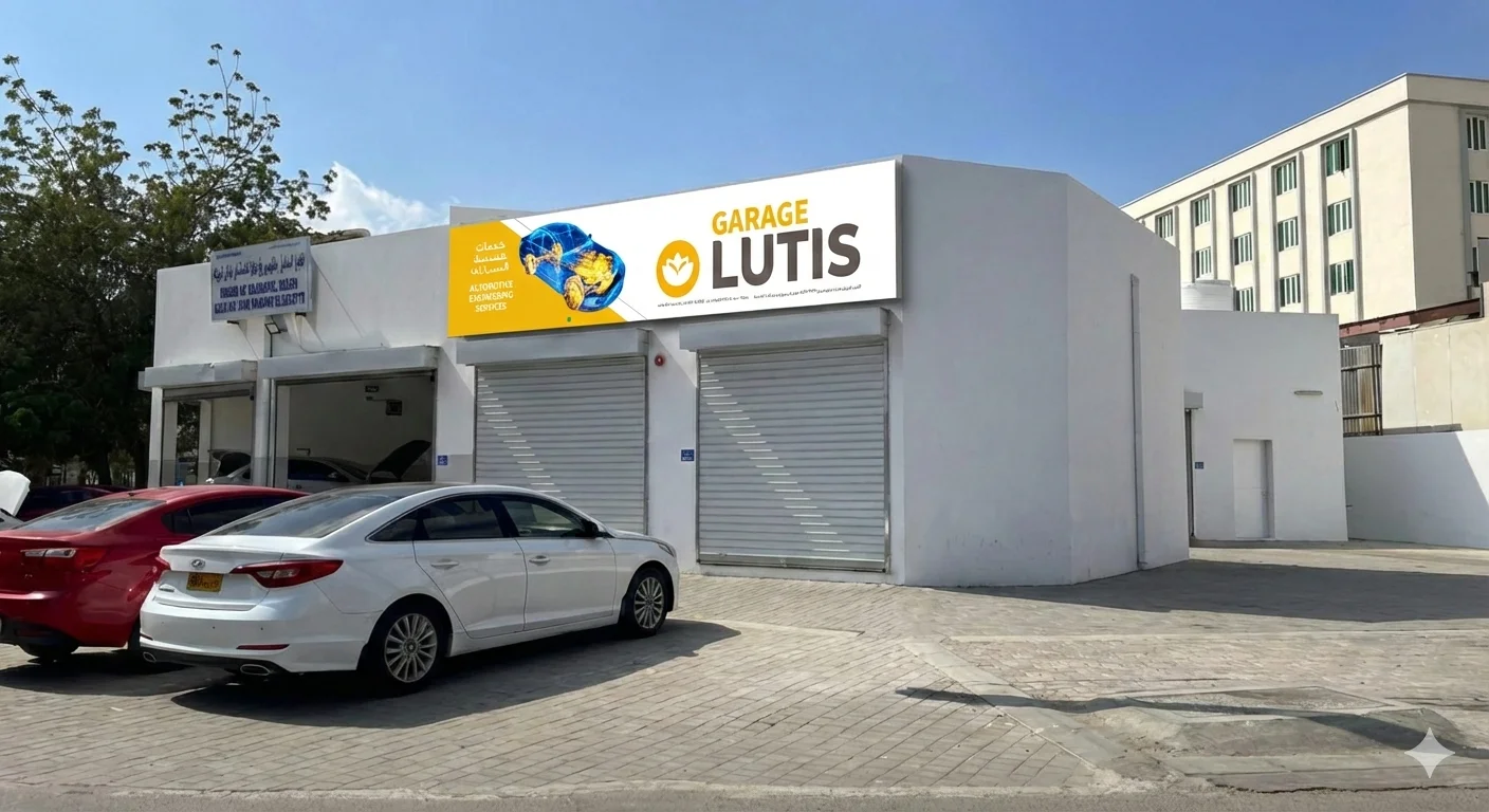 Garage Lutis building exterior with signage in Walja, Ruwi, Muscat